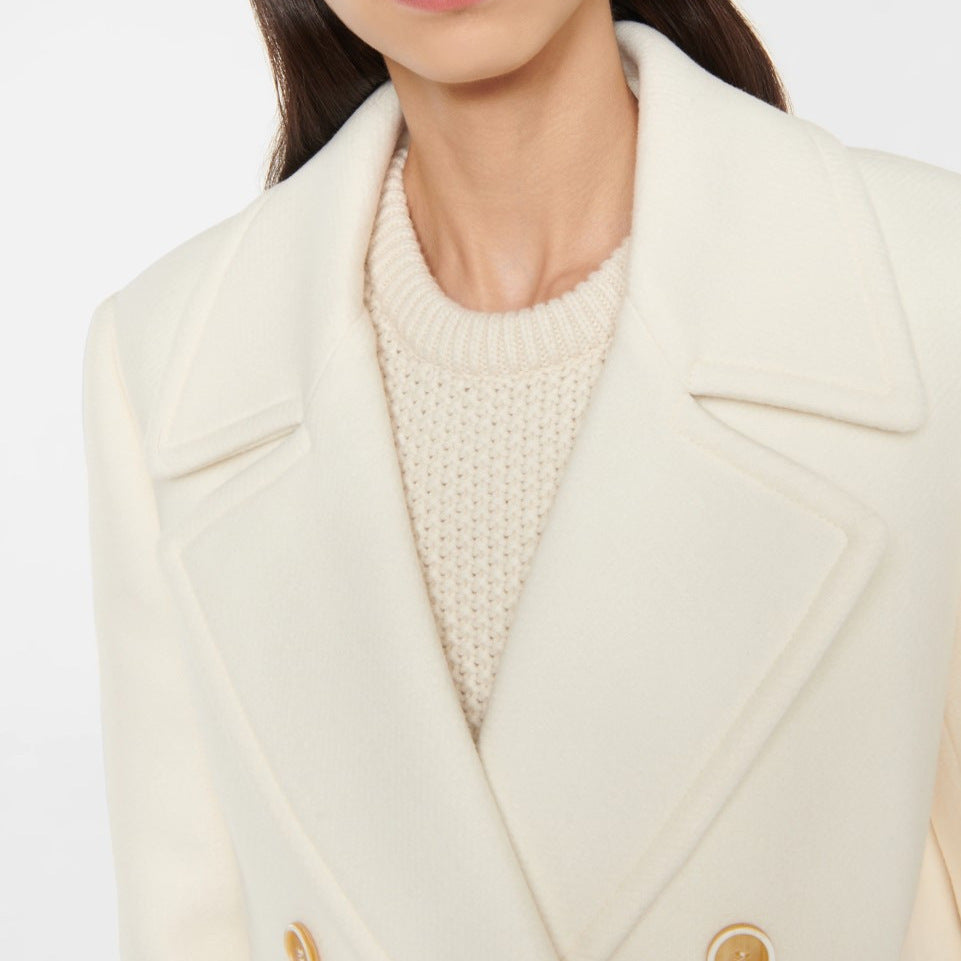Lapel Double Breasted Elegant Mid-length Women's White Coat Elegant Overcoat