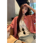 Red Plaid Shirt Cardigan Women's Long Sleeve Jacket