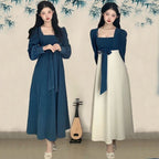 National Style New Chinese Style Spring And Autumn French Retro Elegant Slim Square Collar High Waist Skirt